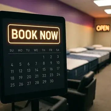 Book Now sign at Lux Value Mattress – Schedule a private mattress showroom appointment in Austin
